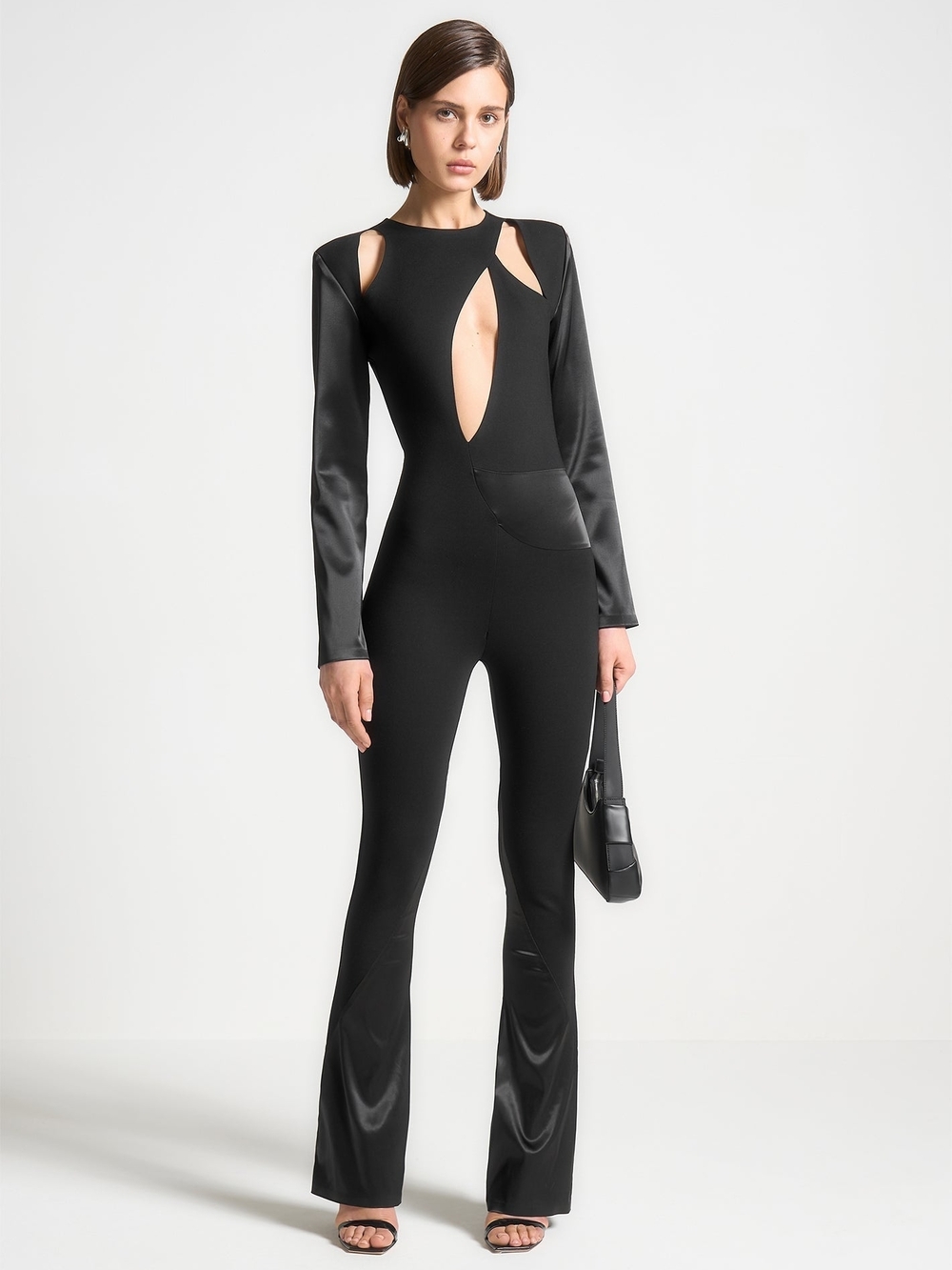 Maniere De Voir Black Cutout Long-Sleeve Fitted Jumpsuit